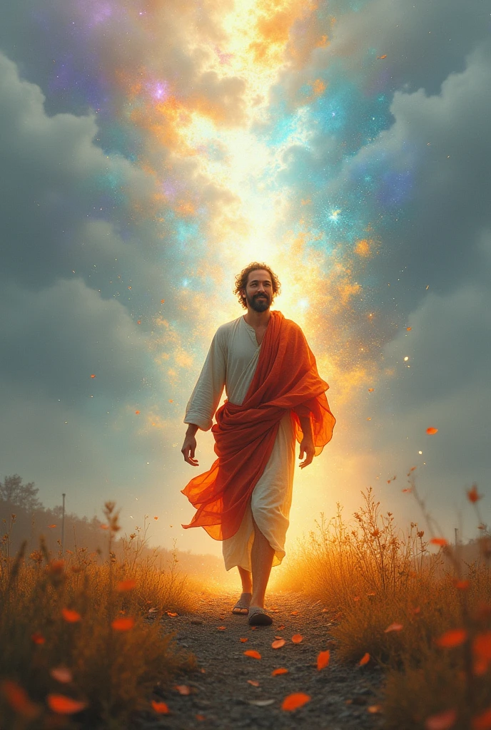 Man who, when walking, gives color to the gray world due to his faith and joy