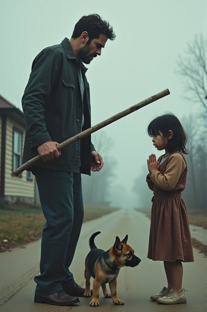 "A tense scene unfolds on a quiet roadside near a house, where a man raises a stick, poised to strike a small puppy. The puppy cowers in fear, while nearby, a young girl stands with her hands clasped together in a pleading gesture, begging the man to stop. Her expression is one of desperation and compassion, as she tries to protect the helpless puppy from harm."