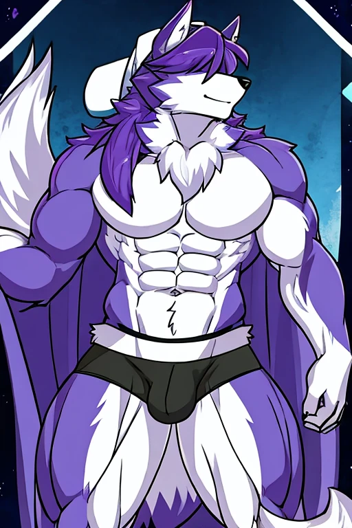 Male Alaskan Malamute Dog Purple and White Fur, devil, hair covering her eyes, White cap, muscular, black underwear