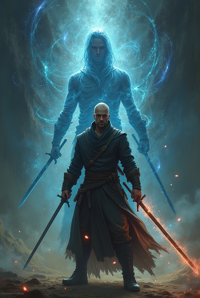 An image of the quantum double with a sword man releasing his other self