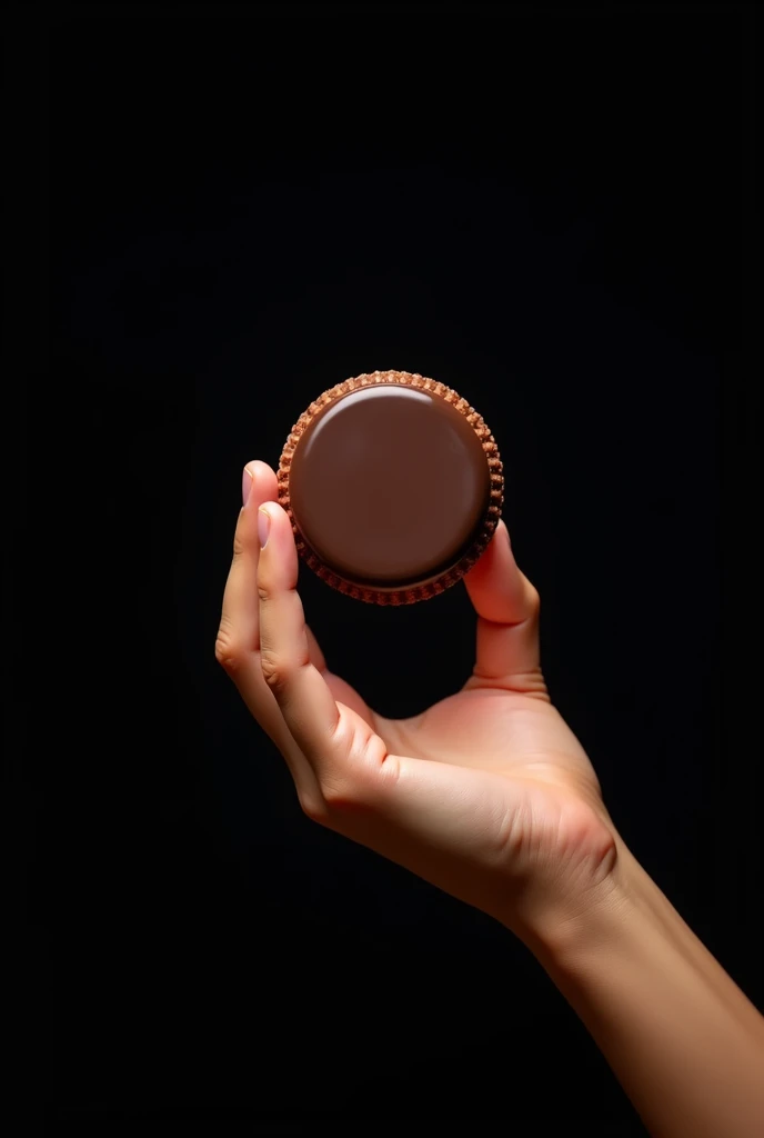 Create a hand holding an alfajor covered with dark chocolate without filling and with a black background