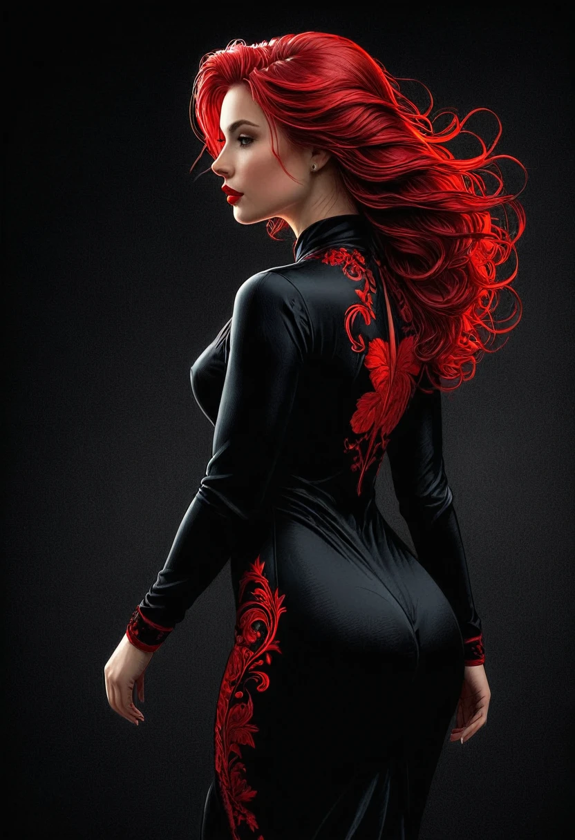 posters, close up shot, Full body, shadekunst, red outline drawing on dark black background, Red outline silhouette, flowing hair, Silhouette of a beautiful young woman,
perfect physique, slim, graceful shapes, charming modesty, Perfection in a tight black silk dress, Resolution 8K, side view, shade, arcane,
Stil von Jean Baptiste Monge, thomas kinkade, David Palumbo, Meat Griffiths.