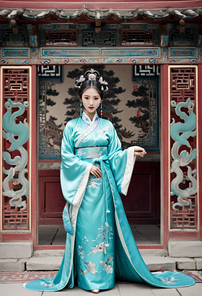 Stone letter M (pornographic pose) outside a Chinese palace during the Qing Dynasty A gorgeous Chinese courtesan with her hair tied on both sides A perverted and erotic woman wearing a crown and tying her hair is the backdrop for a gorgeous room of an empress in a Chinese court during the Qing Dynasty.