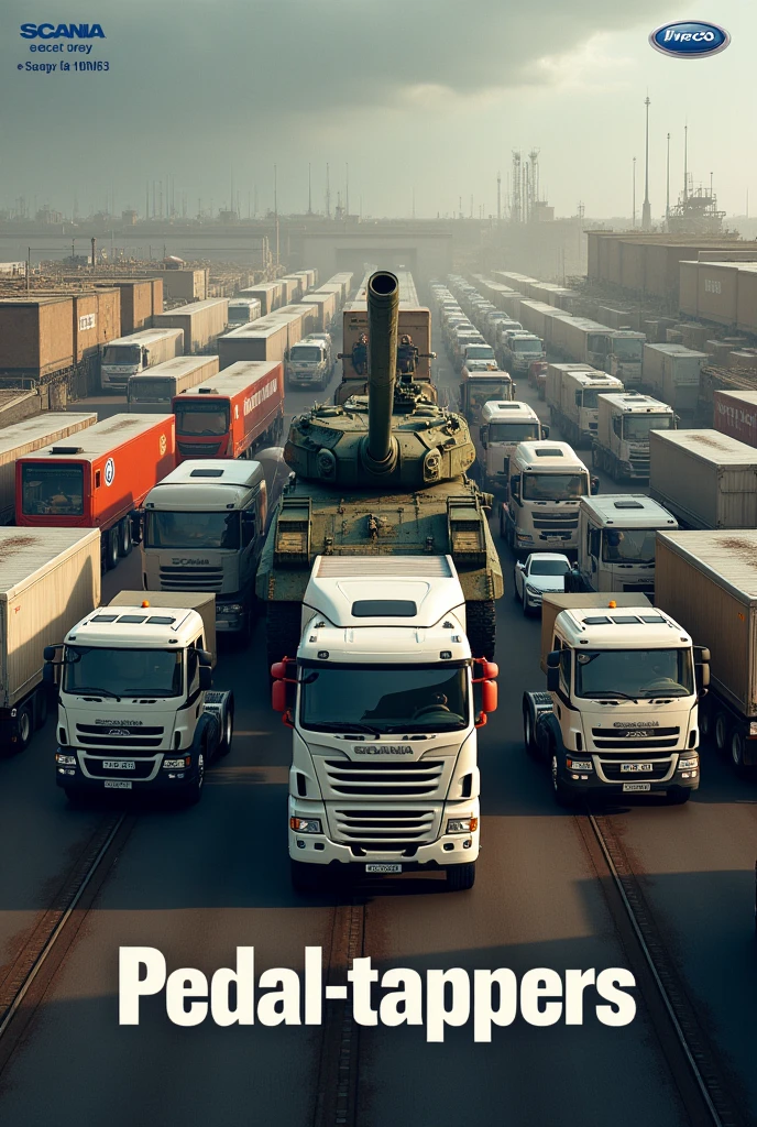 Image with Scania trucks, Iveco trucks, Buses and a tank with the phrase Pedal-tappers
