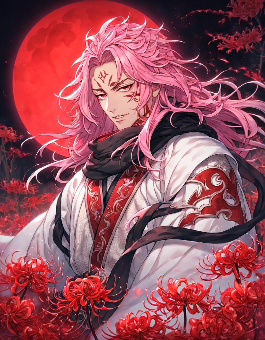 absurdres, highres, ultra detailed, HDR, master piece, best quality, extremely detailed face, delicated features, Ryoumen Sukuna, pink hair, long hair, messy hair, expressive red eyes, Thousand Years War, solo, sexy man, handsome, manly man, white robes, black scarf, accessories, spider lilies patterns, red moon, red blood water, fantasy, magical, red trees, forest, red dust, red lanterns, red fire, red floating round lights