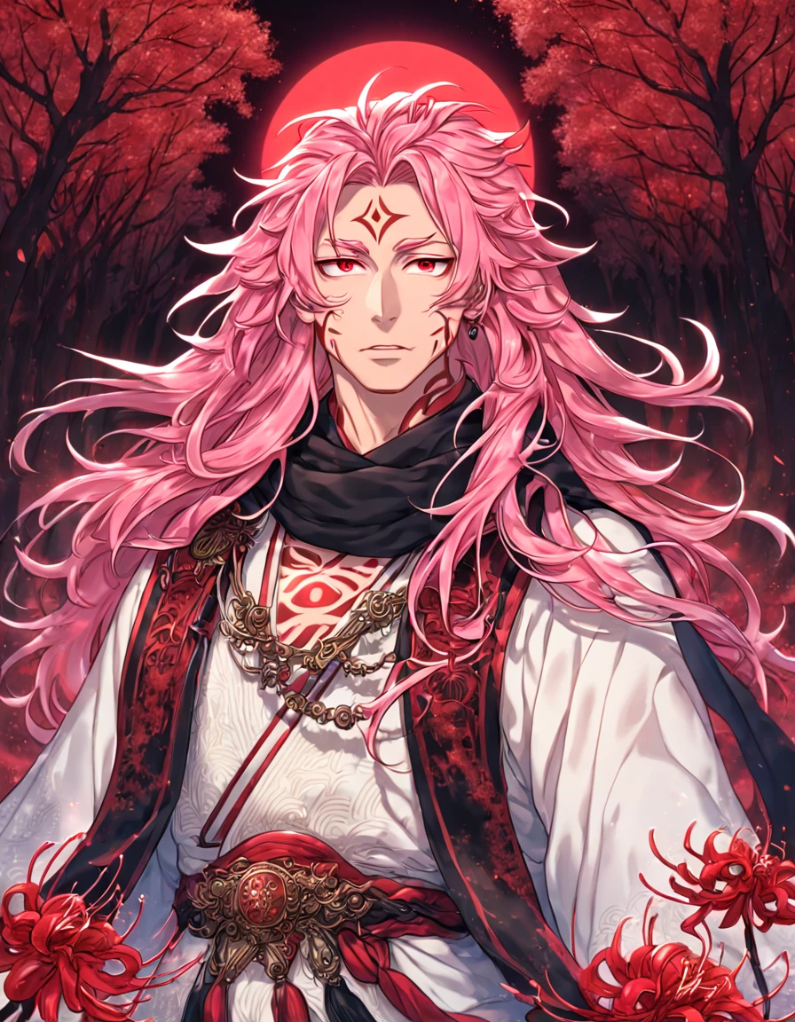 absurdres, highres, ultra detailed, HDR, master piece, best quality, extremely detailed face, delicated features, Xie Xu, pink hair, long hair, messy hair, expressive red eyes, hair between the eyes, Thousand Years War, solo, sexy man, handsome, white robes, black scarf, accessories, spider lilies patterns, red moon, red blood water, fantasy, magical, red trees, forest, red dust, red lanterns, red fire, red floating round lights, Jujutsu Kaisen