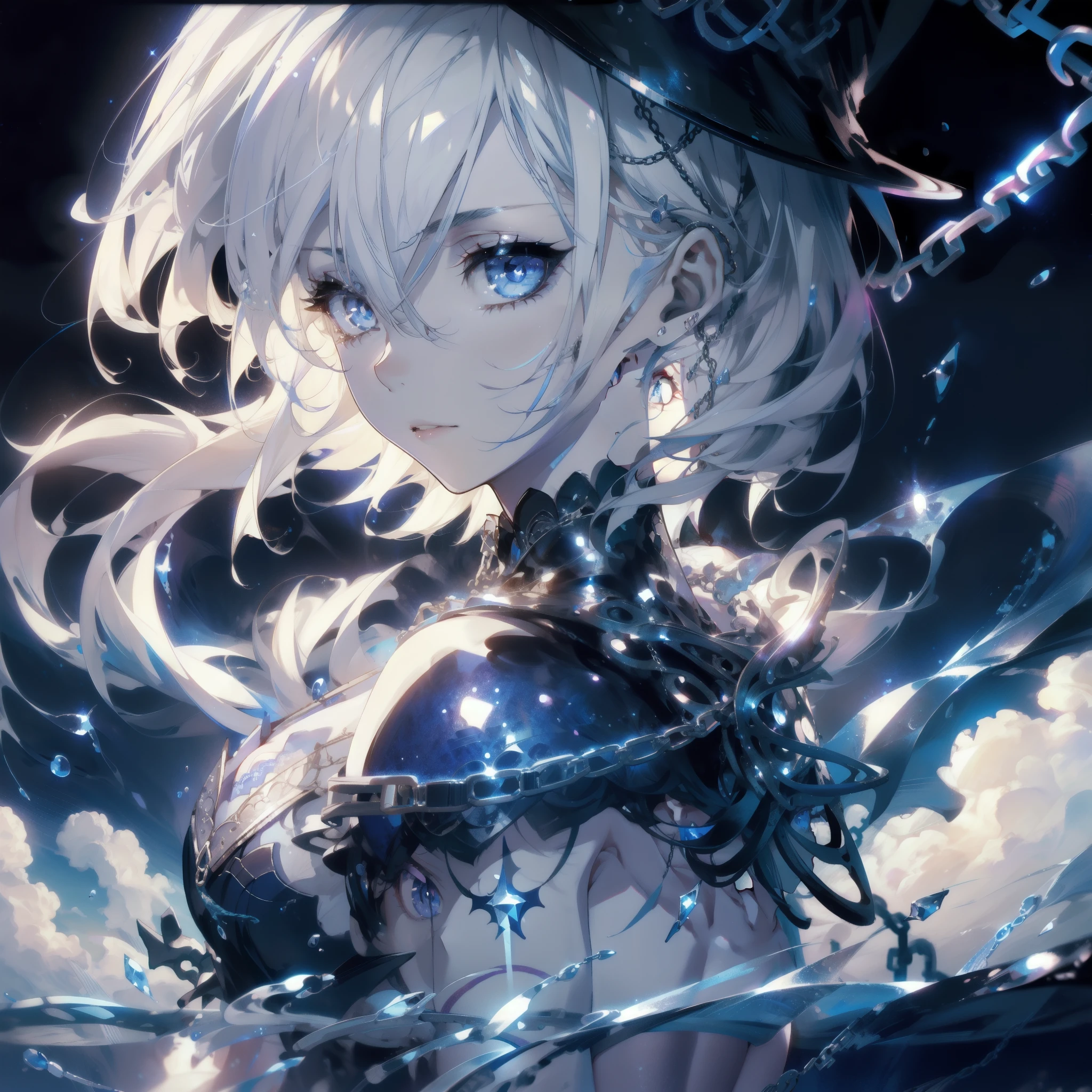 a beautiful detailed portrait of a young female magician, wearing a witch's hat, standing against a night sky background, highly detailed and realistic, masterpiece, best quality, 4k, 8k, highres, ultra-detailed, photorealistic, sharp focus, physically-based rendering, vivid colors, studio lighting, professional, porcelain skin, perfect facial features, long elegant legs, short stylish hair, mesmerizing eyes, enchanting expression, white armor, sexy bikini, clouds, rippling water, chains, tattoos, lace, partially nude