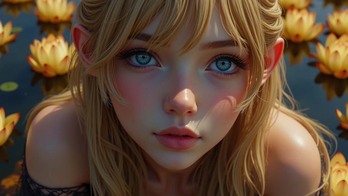 18 year old woman, Premium Photo, 8k, HD, masterpiece, Very precise, anatomically correct, textured skin, Very detailed, High details, high quality, Awarded many times, Best Quality, ((ultra realistic)), ((Whole body)), ((full shot)), big breasts, female masturbation, jet, open legs, SEX, seductive face, very transparent mesh lingerie, bare breasts, (greek face), golden hair, perfectly matching blue eyes, ((elven ruins,crystal clear lake, Lotus flower lightning lights))