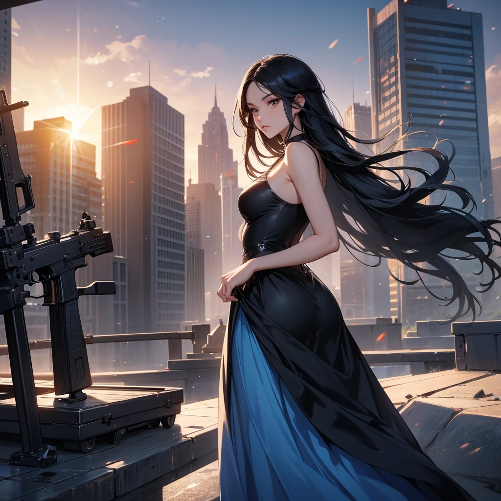 a beautiful woman with long black hair, wearing a tight blue dress, standing holding a pistol, aiming the barrel at the bad guys, on a tall building, the sun is setting.