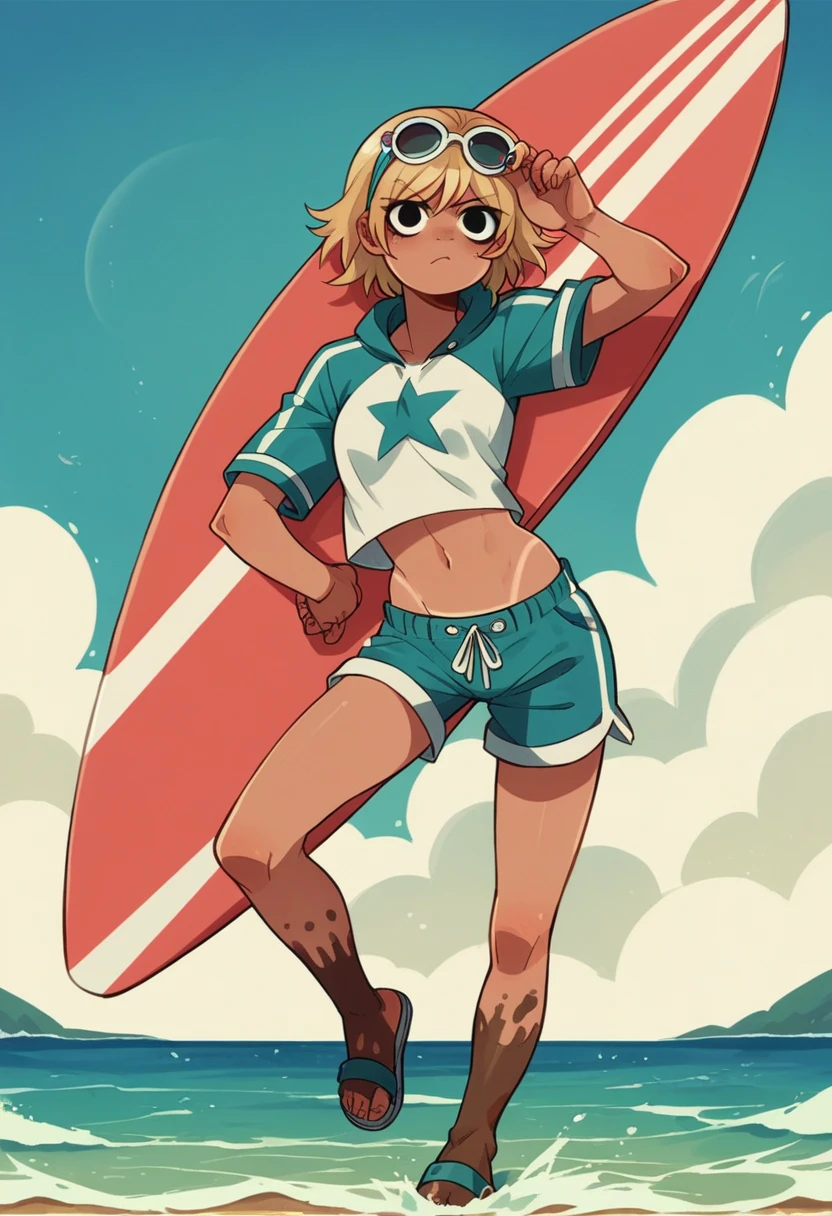 (stylized art style) (anime cartoon) (Y2K Aesthetic) (style scott pilgrim comics) (dynamic pose) (muddy colors) (painted) (soft and round) (thin "clean" lines) (realistic kinda) (texture) full body a young girl, tanned skin, black eyes, 2000s style blonde hair, surf crop top with a star white from the 2000s blue surf sports shorts sandals holding glasses on head on the beach holding a surfboard with a kombi car in the background
