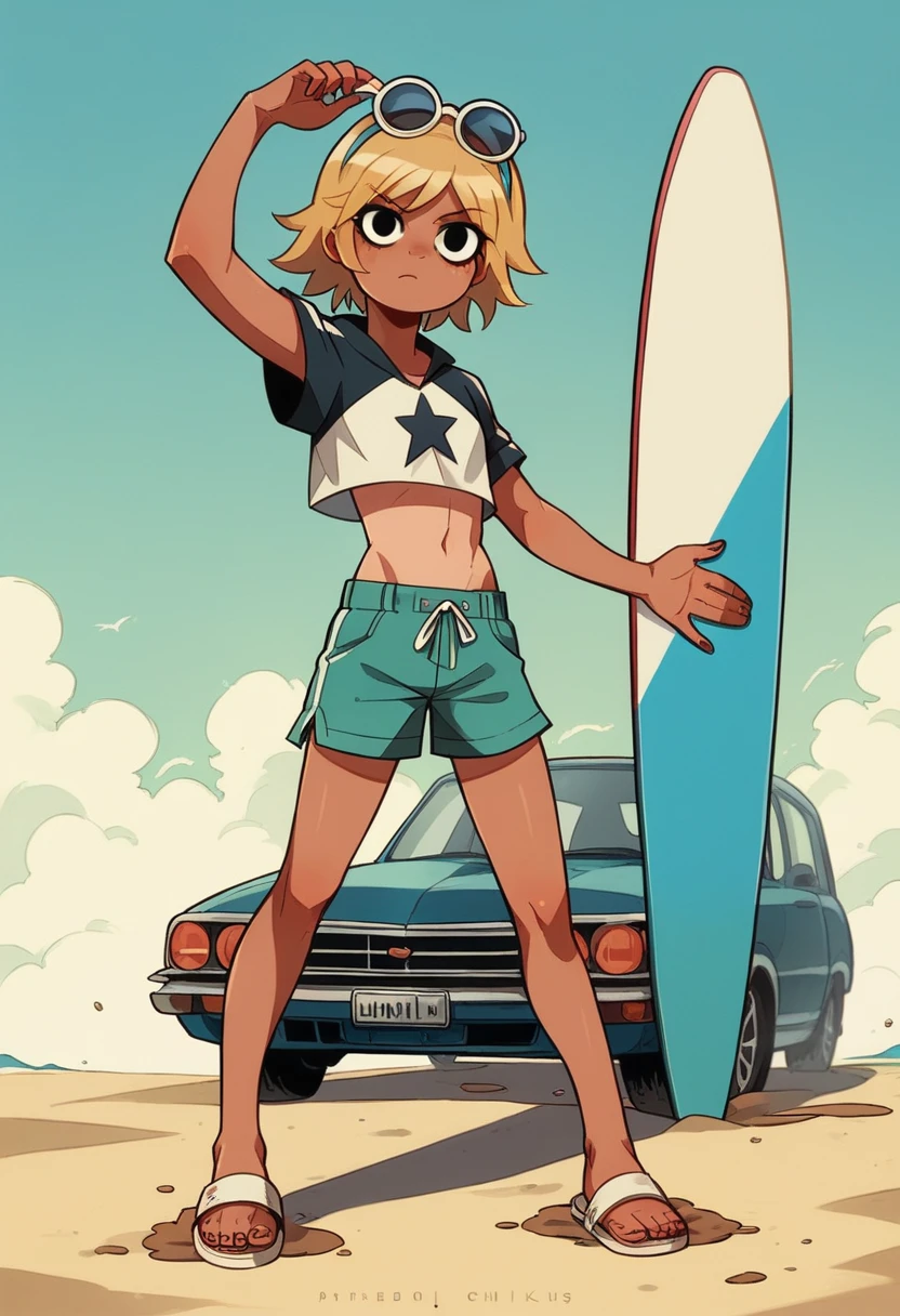 (stylized art style) (anime cartoon) (Y2K Aesthetic) (style scott pilgrim comics) (dynamic pose) (muddy colors) (painted) (soft and round) (thin "clean" lines) (realistic kinda) (texture) full body a young girl, tanned skin, black eyes, 2000s style blonde hair, surf crop top with a star white from the 2000s blue surf sports shorts sandals holding glasses on head on the beach holding a surfboard with a kombi car in the background
