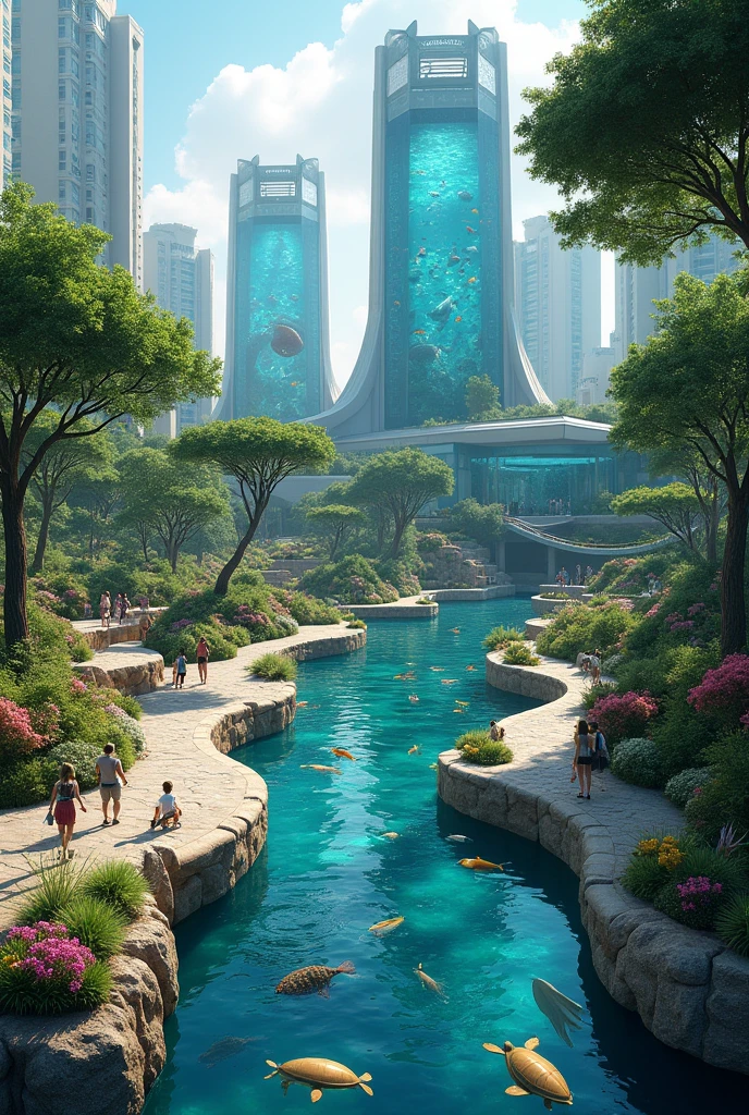 Parks with aquariums and canals with fish