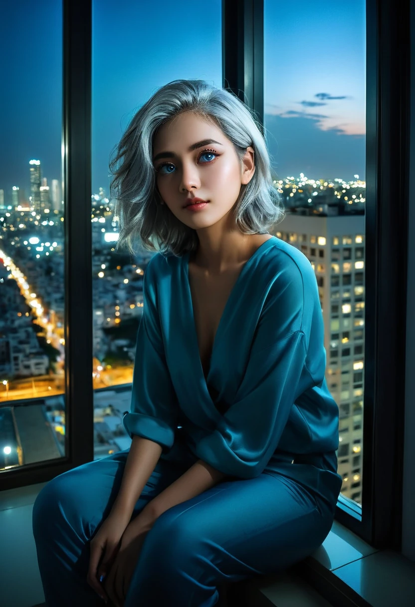 (work of art), best qualityer, cyan eyes, light gray hair, expressive eyes, Holhaya, sitting in a high-rise apartment, night sky, city scape, looking ahead at viewer, city lights, window, destacados, dramatic lights, calm face,