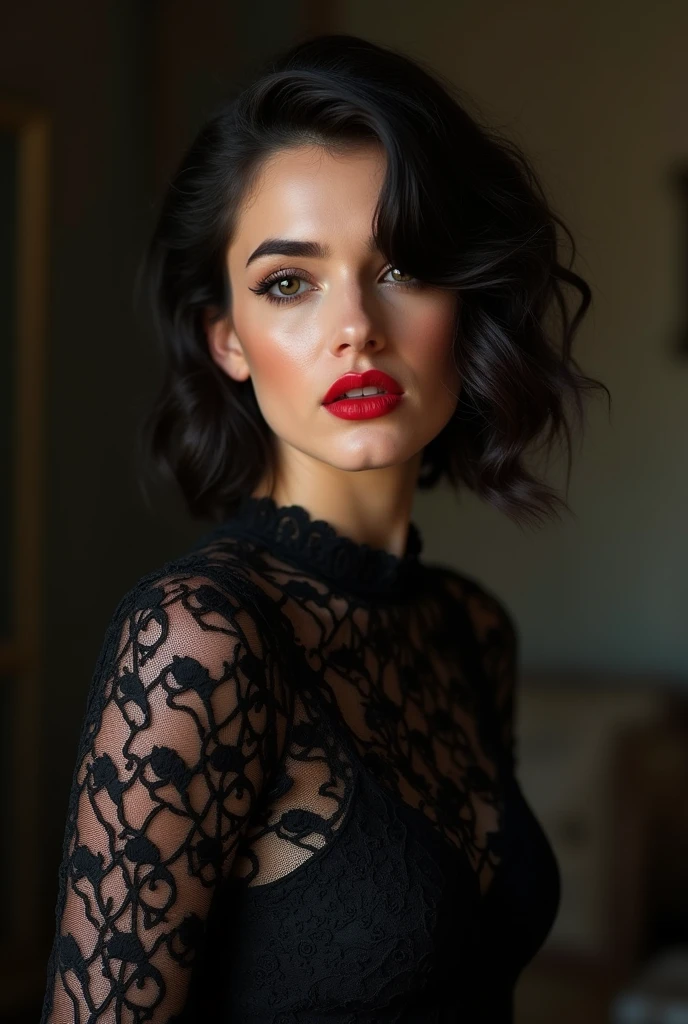 there is a woman with a black dress and a red lipstick, dressed in black lace, glamour portrait, lacey, portrait stunning, 4 k glamour photography, black lace, glamour photography, photoshoot portrait, high quality portrait photoshoot, full face and body portrait, dark and intricate, cait miers