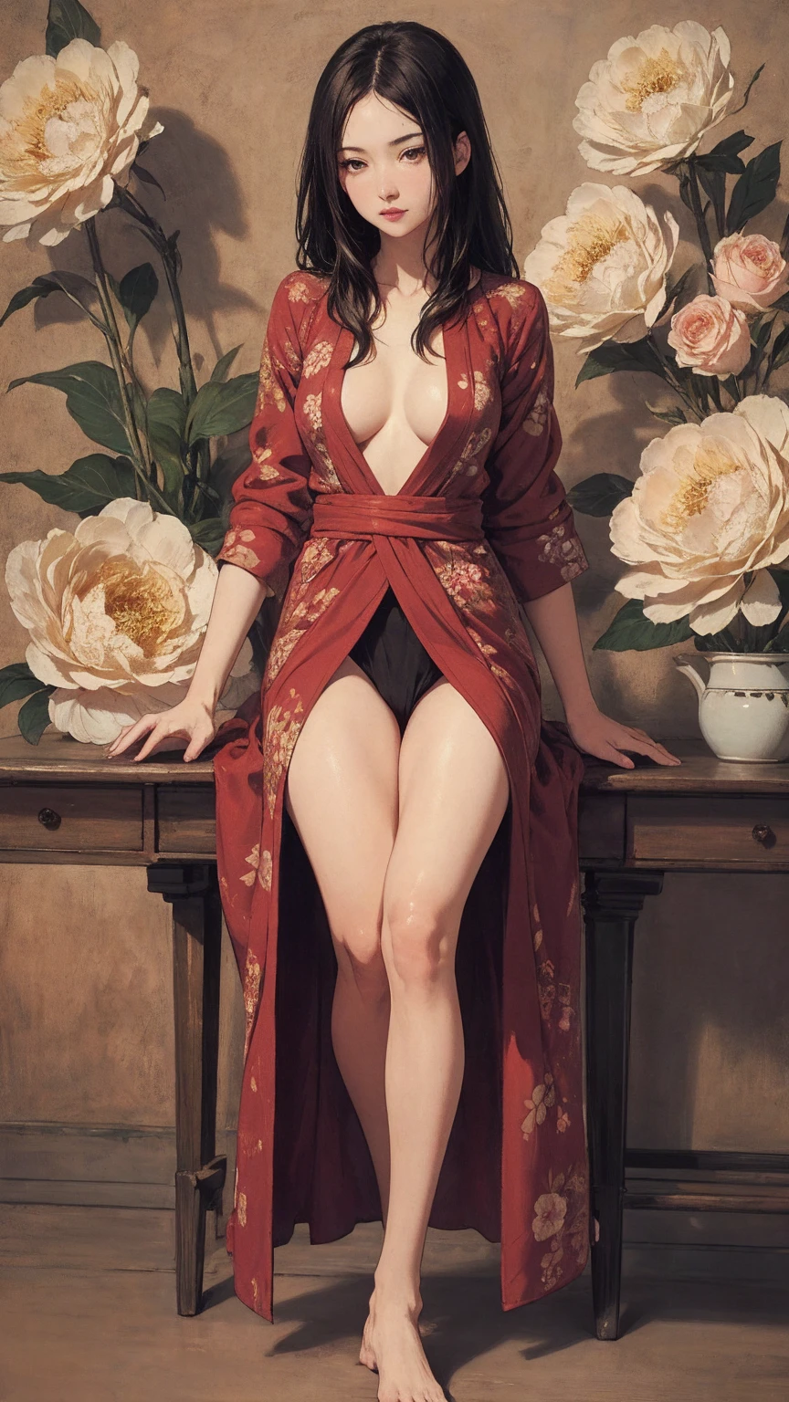 Detailed Background,Art Deco,Beautiful landscape painting,Botanical Art,Flower Art,(Floral:1.2), (masterpiece, Highest quality),Vibrant colors,colorful, Highest quality, Amazing details, Anatomically correct, Line art, Written boundary depth,Flat Shading,Bokeh, woman、、Black Hair、 whole body、 Sit with your legs apart:1.5、sexy、Passionate、Stretch your legs、(Thighs)、(Small breasts)、Slim style、(barefoot)、 Mucha style、Ukiyo-e style、Looking up at the camera、Browsing Caution,kimono, dragon kimono, partially open kimono