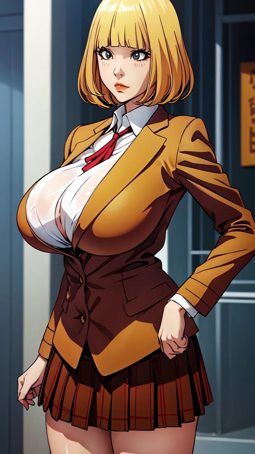 HnMdrkw-KJ , brown eyes , brown jacket, collared shirt, neck ribbon, plaid skirt, school uniform, blonde hair, Masterpiece, 8k, top-quality, best quality, official art, Beauty and Aesthetics, extremely detailed, full color, huge breast, serpentine body,