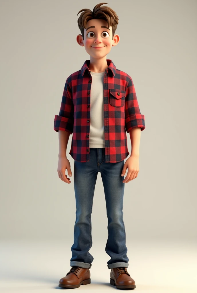 3d image of young man dressed in a red plaid shirt and blue jeans with brown boots 