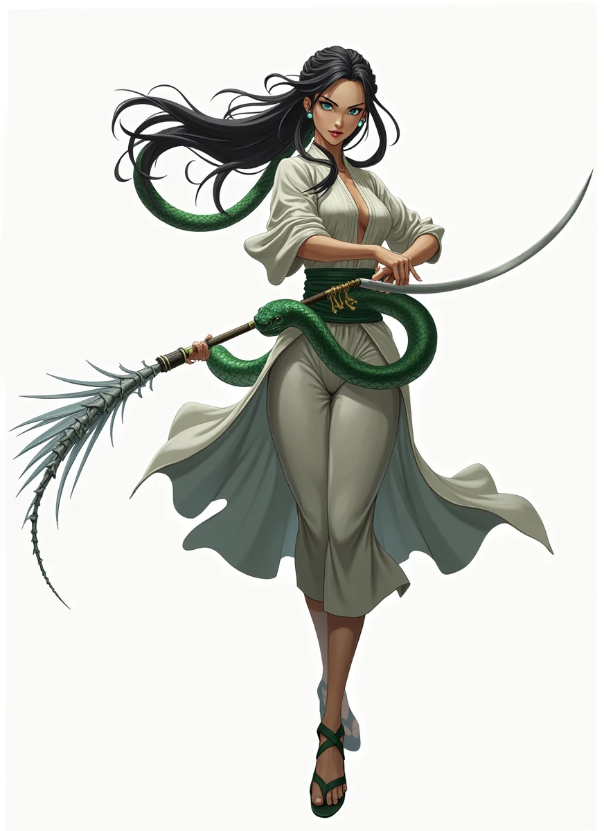 Anime manga style, woman, babe, green white snake on neck, epic battle, snake goddess, blade whip in hand, epic fight, turquoise eyes, very long black hair, firm face, snakes power, Whip of blades in hand, samurai clothes, white and green clothes, atmosphere of trees, Sword whip .