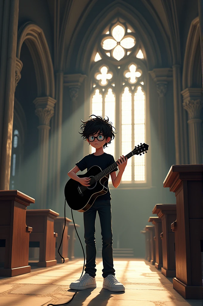 Create a 15 year old boy with curly hair wearing black glasses wearing a black shirt black pants and white sneakers playing a black guitar in the background of a church 
