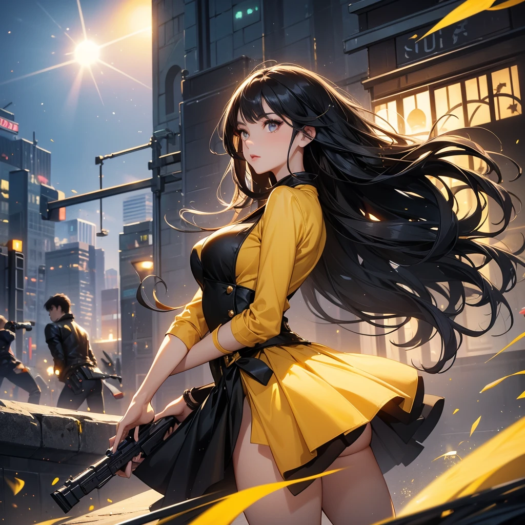 a beautiful woman with long black hair, wearing a tight yellow dress, standing holding a pistol, aiming the barrel at the bad guys, on a tall building, the sun is setting.