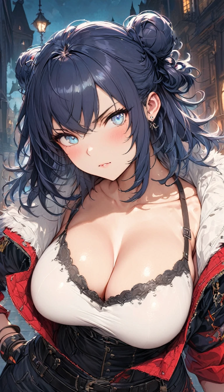 best quality,4k,8k,highres,masterpiece:1.2),ultra-detailed, extremely detailed eyes, extremely detailed body, (large masterpiece digital art), (detailed manga illustration), (detailed line art), ((perfect anatomy)), (intricate details:1.3), (ultra-detailed:1.3), (illustration:1.3), (sharp focus:1.3), (natural lighting:1.05), (vivid colors:1.3), (masterpiece), expressive eyes, perfect face, 1 girl, breasts, cleavage, gloves, large breasts, casual clothes, white shirt, tee shirt, denim jacket, jacket, {blue hair}, medium hair, wavy hair, (gray eyes), black denim shorts, shorts, dynamic pose, Huge ass, curvy, fur trim, hair bun, black ankle boots, cinematic lighting, heroic atmosphere, Beautiful woman, Atey Ghailan, Jeremy Mann, Greg Manchess, Antonio Moro, trend in ArtStation, trend in CGSociety, Intricate, High Detail, Sharp focus, dramatic and photorealistic painting art by Midjourney and Greg Rutkowski, Marvel Cinematic Universe style, (((mystical gothic castle in the background))),