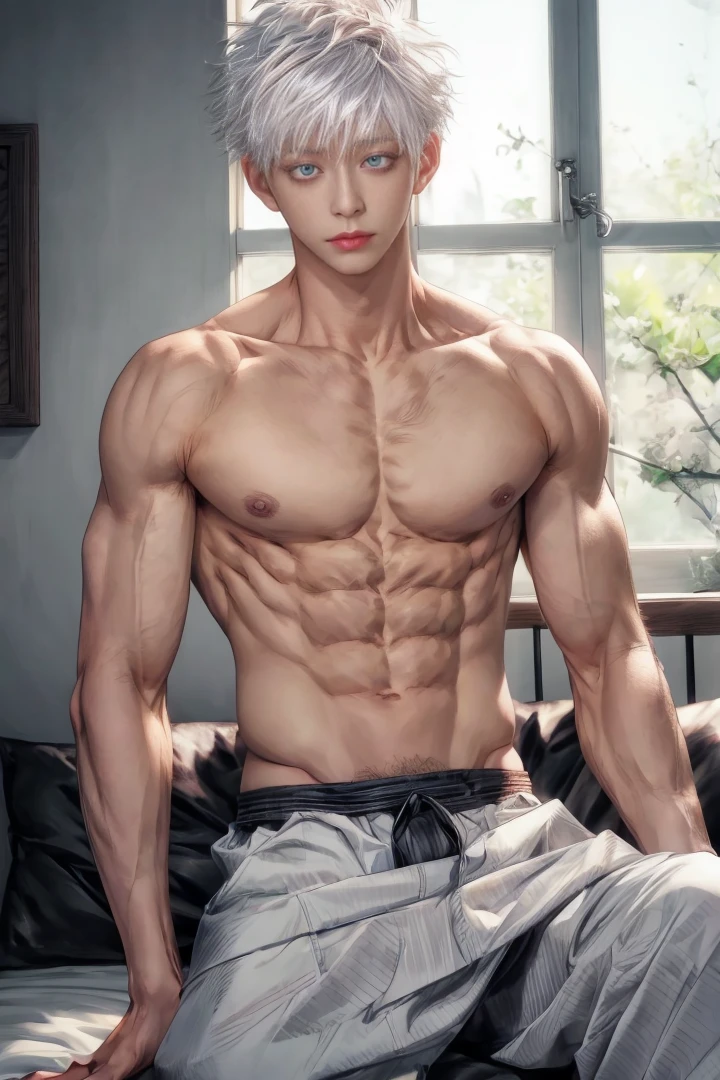 1 male, Japanese male model, high resolution 4k, adult, handsome, perfect face detail, detailed eyes and face, muscular, white eyebrow hair, white eyelashes, Naked torso, Detailed face, perfect face, real skin texture, detail Perfect hand, details, Real and complete hand details, unreal engine, hd picture, satoru gojo, Jujutsu kaisen, white hair, short hair ,hair between eyes ,blue eyes, white skin