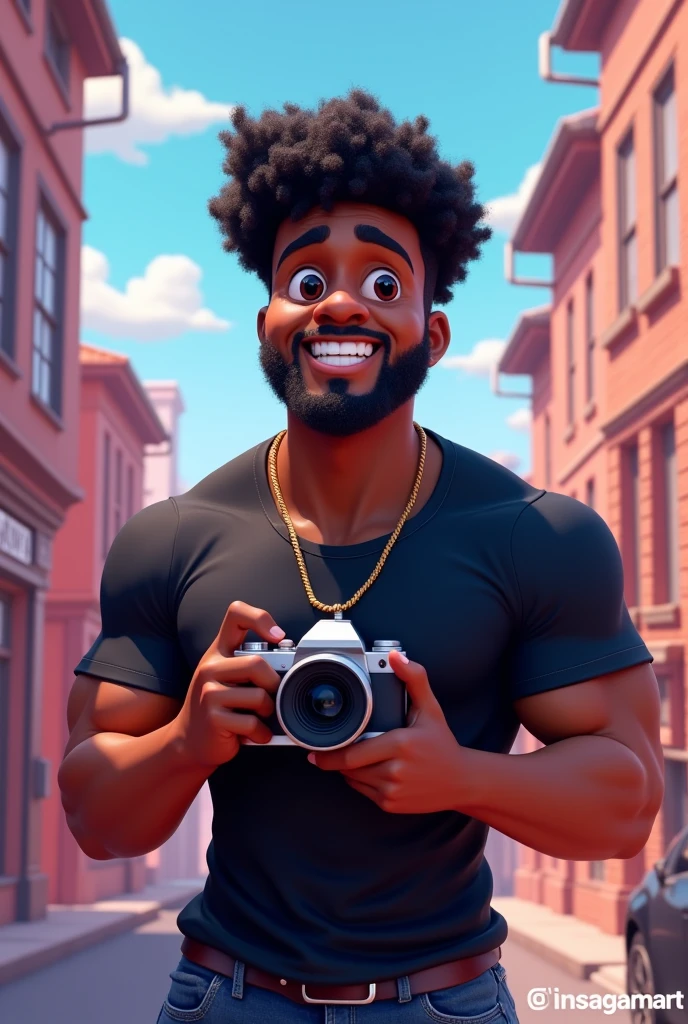 Create a 3D illustration of a black male character with a beard ,excited man standing with camera in hands casually next to a social media logo "instagramart". The character must wear a black t-shirt, curly hair , darkskin , slightly slanted eyes, has a strong body and is smiling , and holding a camera. The background of the image is a social media profile page with the username "wb photography" and a matching profile photo.
