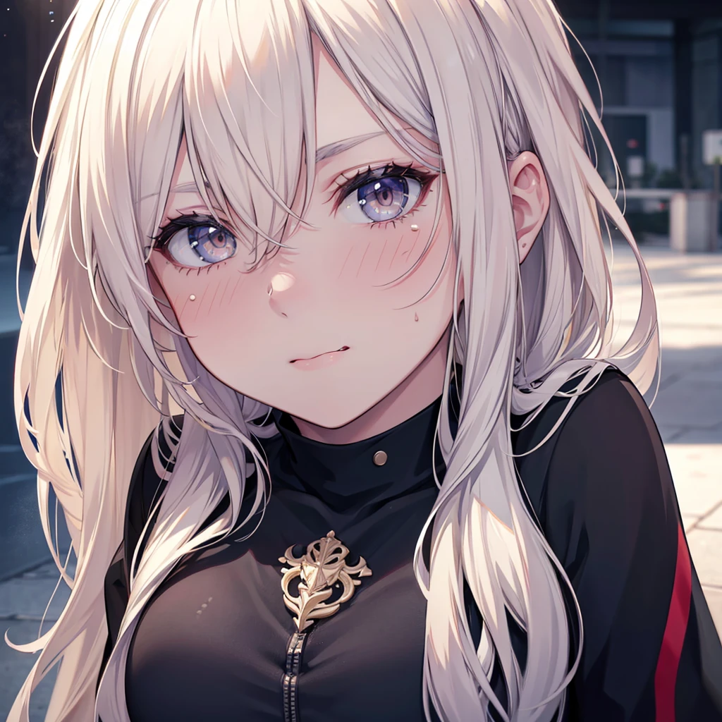 Serious age girl, Messy blonde, White eyes, Scar on one eye, Sunburned skin, Stylish black and white outfit, Attractive body, Dark and cold look, Detailed portrait, 8k, photograph (Highest quality) . ,4K,8k,High resolution,masterpiece:1.2),Very detailed,(Realistic,photoRealistic,photoRealistic:1.37),Vibrant colors,Sharp focus,Physically Based Rendering,Extremely detailed,Professional tongue out, blush, chest,