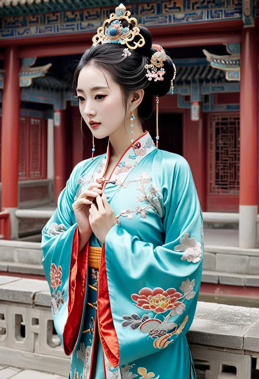 Stone letter M (pornographic pose) outside a Chinese palace during the Qing Dynasty A gorgeous Chinese courtesan with her hair tied on both sides A perverted and erotic woman wearing a crown and tying her hair is the backdrop for a gorgeous room of an empress in a Chinese court during the Qing Dynasty.