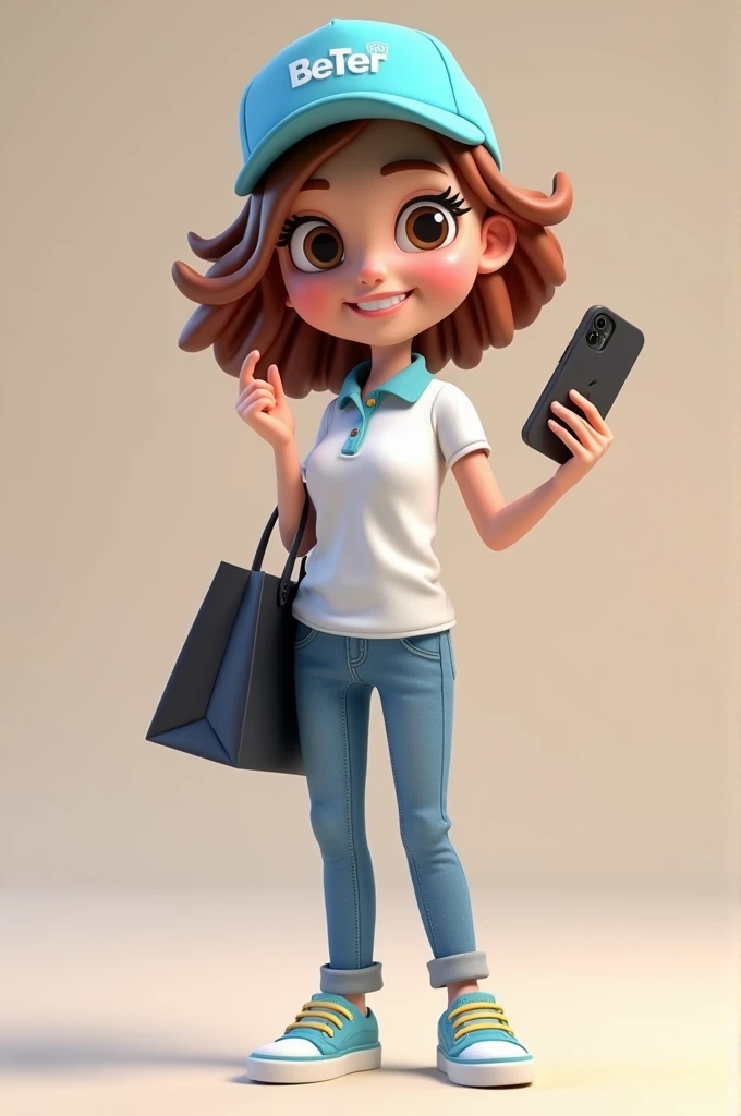 illustration 3d render, style Powerpuff Girl, with a light blue cap, with text white "Betterware". white blouse style polo, jeans, sneakers wavy short brown hair and smile. with an iphone in a hand and a black shopping bag