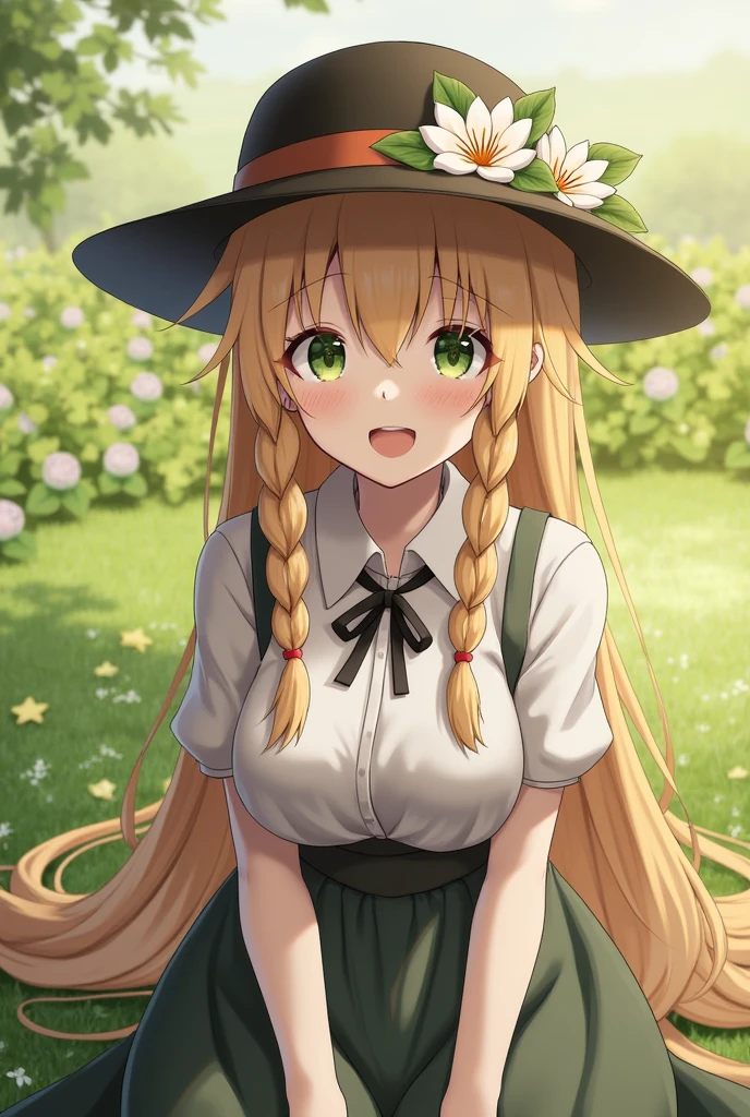 BREAK, rating_safe, zy_mirabel, 1girl, long hair, hat, flower, braid, freckles, hat flower, twin braids, large breasts, green eyes, sit, garden, realistic, photo, real hair, detailed skin, highly detailed, detailed skin, depth of field, film grain,animation,