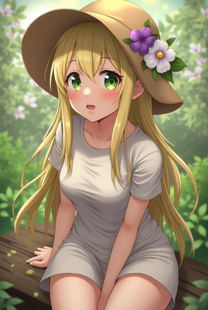 BREAK, rating_safe, zy_mirabel, 1girl, long hair, hat, flower, braid, freckles, hat flower, twin braids, large breasts, green eyes, sit, garden, realistic, photo, real hair, detailed skin, highly detailed, detailed skin, depth of field, film grain,animation,