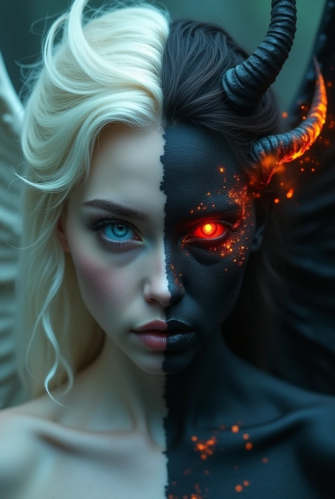 Misty Valley, a close-up of a mysterious female entity, one half of her body and face is beautiful, angelic appearance, blue eyes, white hair, the other half of her body and face is demonic, coal-black skin, red eye and hair are burning with fire, demonic horn, on her back are wings corresponding to each part of the body. Dark atmosphere, cinematic, masterpiece, clear focus.