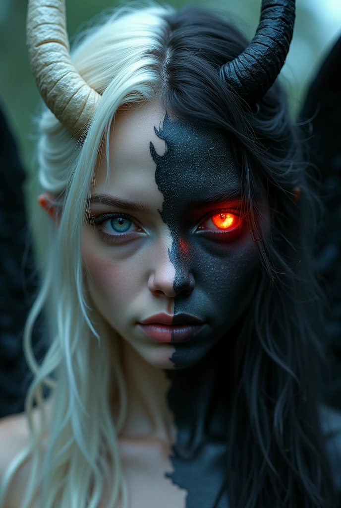 Misty Valley, a close-up of a mysterious female entity, one half of her body and face is beautiful, angelic appearance, blue eyes, white hair, the other half of her body and face is demonic, coal-black skin, red eye and hair are burning with fire, demonic horn, on her back are wings corresponding to each part of the body. Dark atmosphere, cinematic, masterpiece, clear focus.