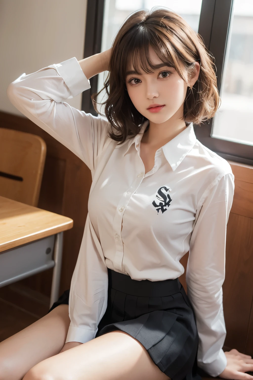Innocent 20 year old girl、((Office Lady of the Japan, sexy office shirt, Skirt, Cute and elegant, Dramatic poses)),Smile,background at room,short-cut、Raw photo, (8K、top-quality、masterpiece:1.2)、(intricate detailes:1.4)、(Photorealsitic:1.4)、octane renderings、Complex 3D rendering ultra detail, Studio Soft Light, Rim Lights, vibrant detail, super detailing, realistic skin textures, Detail Face, Beautiful detail eyes, Very detailed CG Unity 16k wallpaper, make - up, (detailedbackground:1.2), shinny skin, Full body,Raise your hand up、Spread your legs and show your panties,sit on a bench