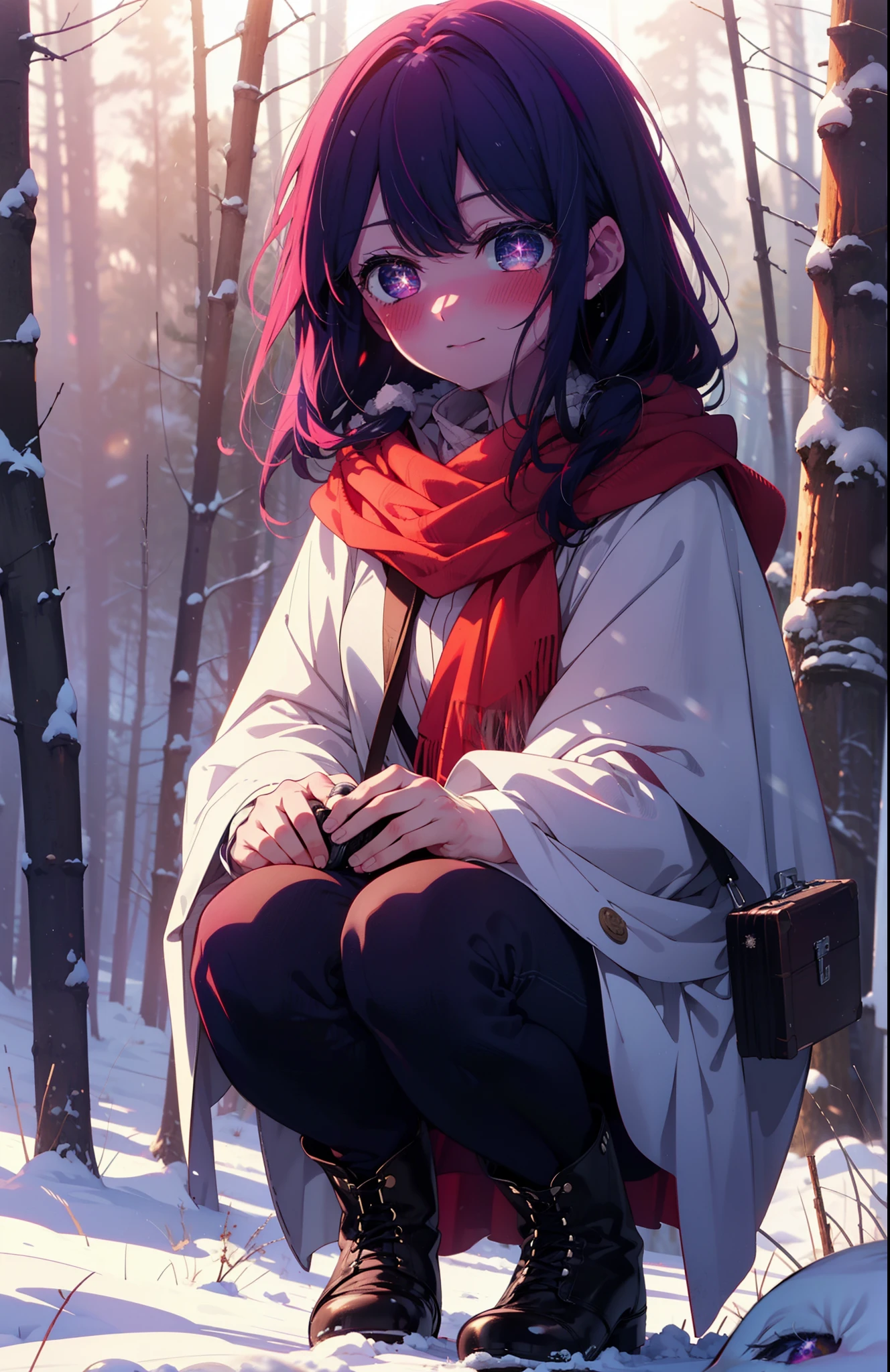 aihoshino, Ai Hoshino, Long Hair, bangs, (Purple eyes:1.1), Purple Hair, (Symbol-shaped pupil:1.5), smile,,smile,blush,White Breath,
Open your mouth,snow,Ground bonfire, Outdoor, boots, snowing, From the side, wood, suitcase, Cape, Blurred, , forest, White handbag, nature,  Squat, Mouth closed, Cape, winter, Written boundary depth, Black shoes, red Cape break looking at viewer, Upper Body, whole body, break Outdoor, forest, nature, break (masterpiece:1.2), Highest quality, High resolution, unity 8k wallpaper, (shape:0.8), (Beautiful and beautiful eyes:1.6), Highly detailed face, Perfect lighting, Extremely detailed CG, (Perfect hands, Perfect Anatomy),