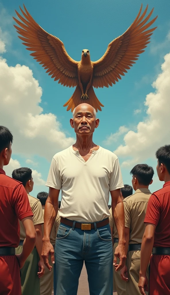 painting of Indonesian independence with the Garuda letter and heroes and the capital city of the archipelago, asian old man, handsome face even though he is bald, thin and the shortest in height compared to the otherswith, wearing white t-shirt and jeans, with the other look at the sky, the eagle flapped its beautiful wings, flying above them, facing to camera, hyperrealistic, detailed, 8K UHD Image