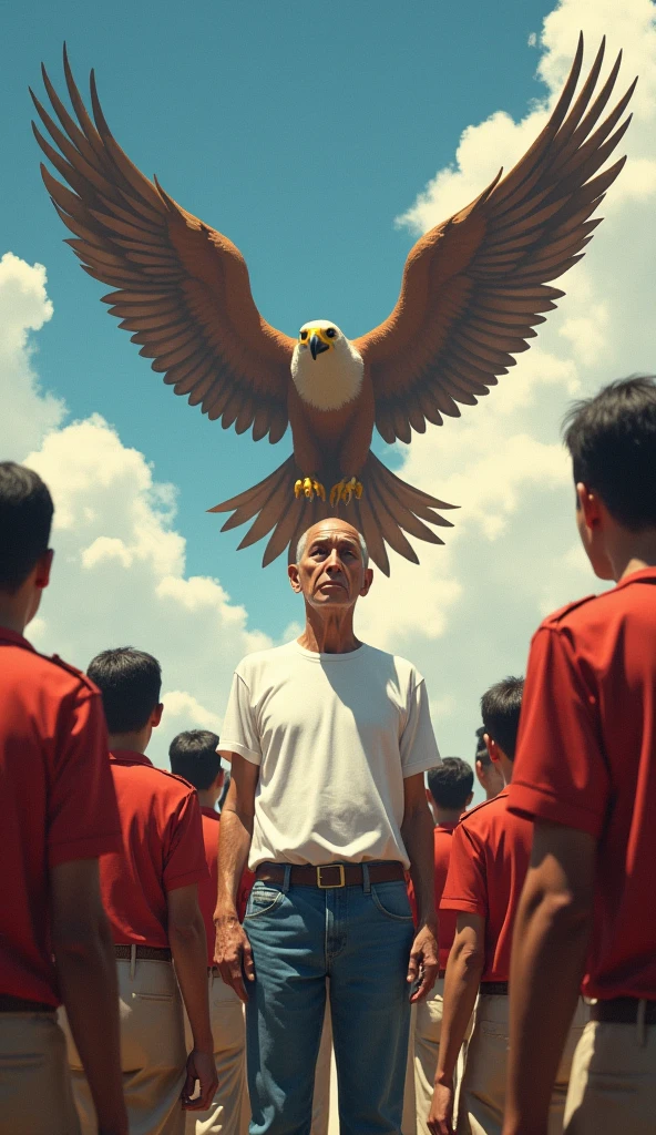 painting of Indonesian independence with the Garuda letter and heroes and the capital city of the archipelago, asian old man, handsome face even though he is bald, thin and the shortest in height compared to the otherswith, wearing white t-shirt and jeans, with the other look at the sky, the eagle flapped its beautiful wings, flying above them, facing to camera, hyperrealistic, detailed, 8K UHD Image