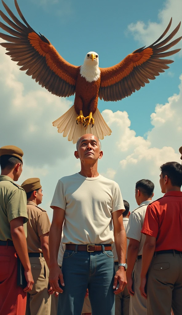 painting of Indonesian independence with the Garuda letter and heroes and the capital city of the archipelago, asian old man, handsome face even though he is bald, thin and the shortest in height compared to the otherswith, wearing white t-shirt and jeans, with the other look at the sky, the eagle flapped its beautiful wings, flying above them, hyperrealistic, detailed, 8K UHD Image