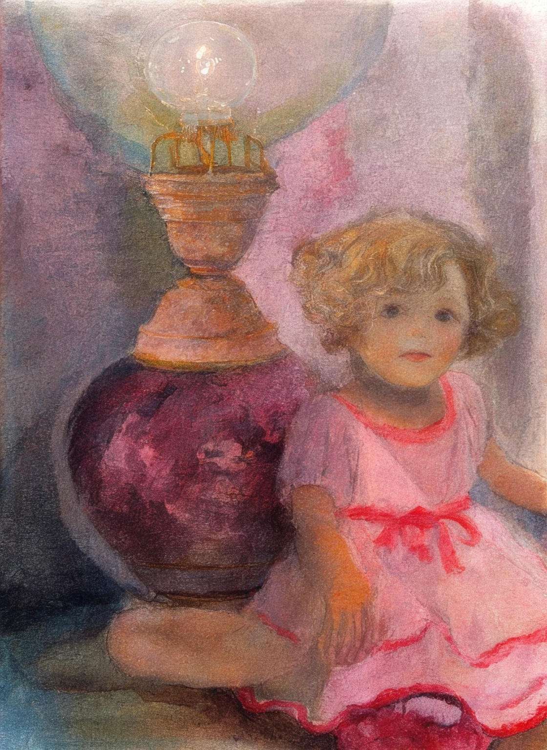 painting of a  in a pink dress sitting next to a lamp, emerging from her lamp, girl under lantern, inspired by Marie Laurencin, inspired by Paul Cornoyer, by Margaret Leiteritz, inspired by Leonid Pasternak, pastel style painting, inspired by Margaret Keane, inspired by Henriette Wyeth, inspired by George Luks