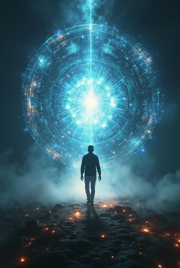 A quantum leap with its symbols and flashes and a person entering that leap