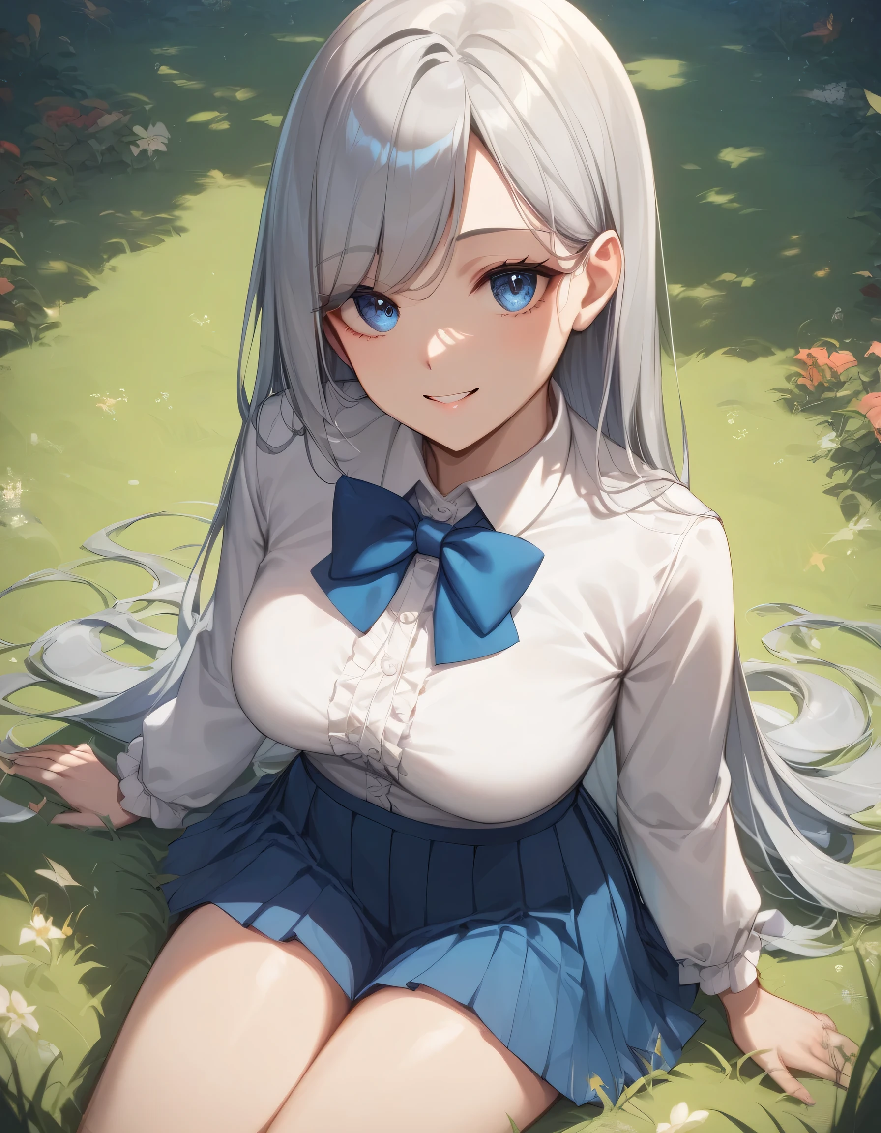 1 girl, ((Girl is curvy, beautiful and tall)), ((silver blue ombre hair))((Long hair))((Bang)), ((blue eyes)), ((Girl wears long sleeved white blouse, blue bowtie, short blue pleated skirt)), ((Grass yard)), looking at viewer, smiling warmly, 8k, masterpiece, ray tracing, best quality, detailed eyes, (SuperQuality:1.0) ~ (SuperQuality:1.2)