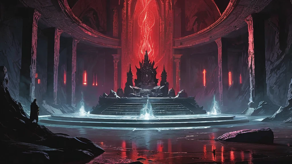 In the shadowy depths of a vast underground cavern, dimly lit by the ominous red glow of embedded crystals, Lorash, the formidable leader of the Sanguine, sits regally upon a stark, imposing stone throne. The throne is carved directly from the cavern’s cold, jagged rock, its surface etched with ancient runes that pulse faintly with a blood-red light.

Lorash is a towering figure, his body covered in thick, coarse dark hair and adorned with powerful, curved horns that extend backward in a menacing curve. His eyes glow with a fierce, unsettling crimson light, reflecting his authority and the dark magic he wields. He is draped in dark, tattered robes that cascade around him, blending seamlessly with the shadows of the cavern.

The surrounding cavern is filled with an eerie, flickering light from the red crystals, casting long, distorted shadows on the walls. Lorash’s followers, the Sanguine, are gathered in a semi-circle around the throne, their forms cloaked in shadow as they kneel in reverent silence. The atmosphere is thick with a sense of dark power and foreboding, as Lorash presides over his domain with an air of ruthless command and anticipation."