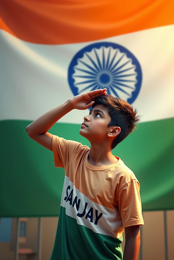 A boy wearing uniform and on it SAMEER name is written and he is standing infront of Indian flag tricolour and saluting the tricolour and in his background there is Red fort and above him the two fighters are flying over him and the colour of sky is tricolour of indian flag.