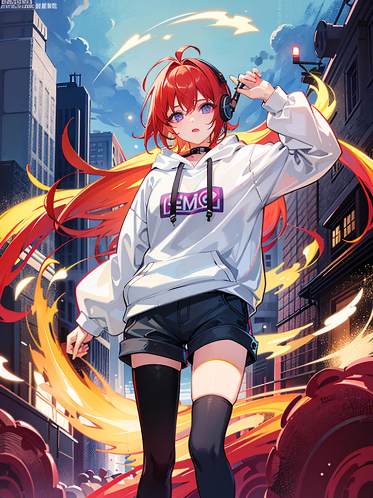 8k resolution、((Highest quality))、((masterpiece))、((Ultra-detailed))、1 female、solo、Unbelievably absurd、Oversized hoodie、Headphones、Neon Street、Short Hair、Light-colored eyes、Put your hands in your pockets、Shorts、Water droplets fall、Red Hair、Purple eyes