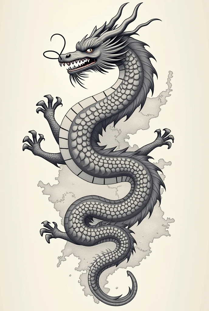 Fine line tattoo of the journey of life from child to with the child represented as a dragon and also representing migration with the map of Venezuela. With a compass and a suitcase. The dragon must be Chinese style