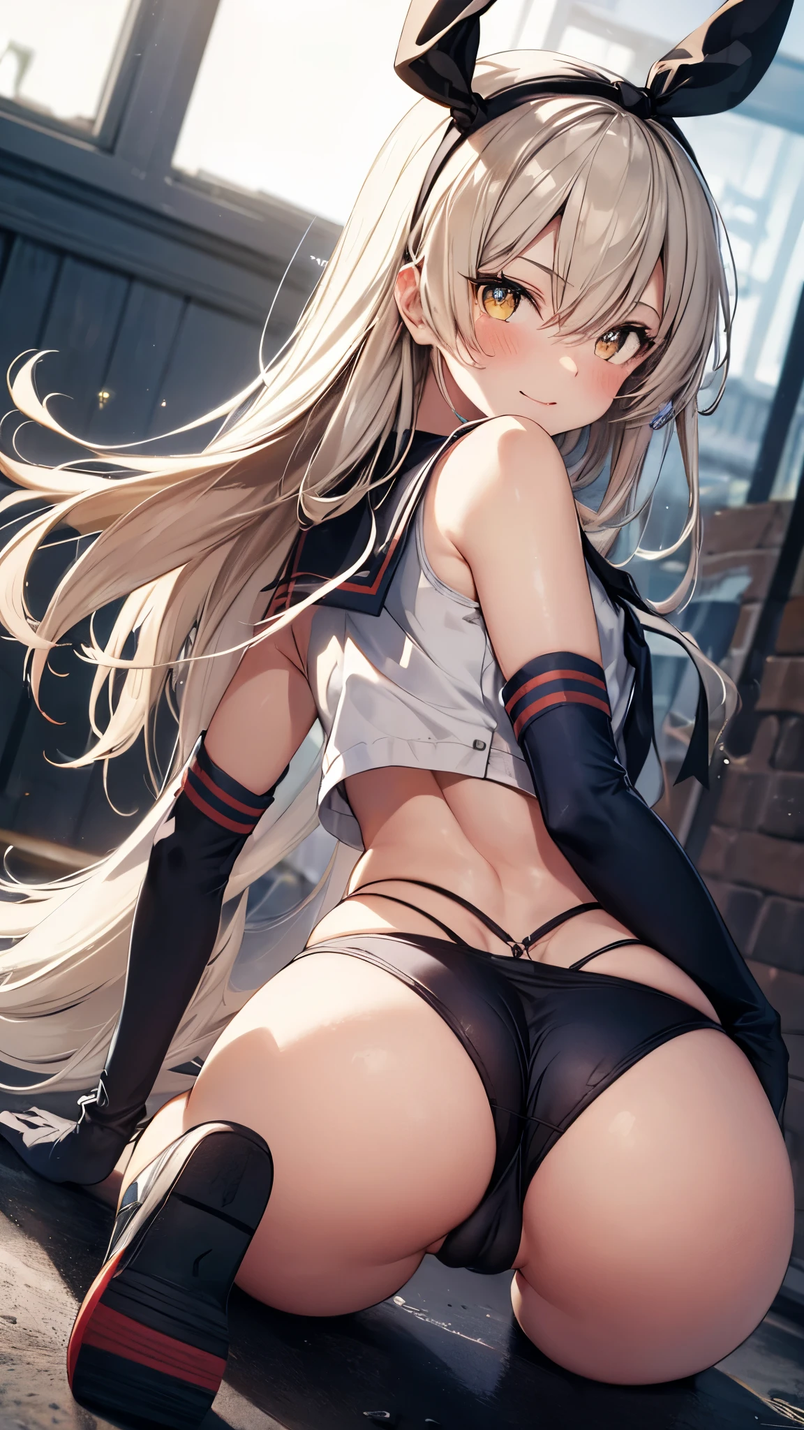 1girl,solo,long_hair,blonde_hair,elbow_gloves,underwear,striped_thighhighs,white_gloves,smile,navel,yellow eyes,(highleg_panties,black_panties),anchor_hair_ornament,blush,school_uniform,crop_top,sailor_collar,hairband,hair_ornament,serafuku,miniskirt,pleated_skirt,blue_skirt,sleeveless,bare_shoulders,hair_between_eyes,grey_footwear,microskirt,midriff,neckerchief,collarbone,(((raise ASS:1.3))),(ass focus,from behind:1.3),(looking back,all fours:1.3),(cameltoe:1.3),masterpiece,Noise Reduction,perfect anatomy,high resolution, ultra-detailed, ultra-detailed face,game cg,dutch angle ,beautiful detailed eyes,visualart,five fingers, perfect hands, perfect lighting, sparkling pupils,