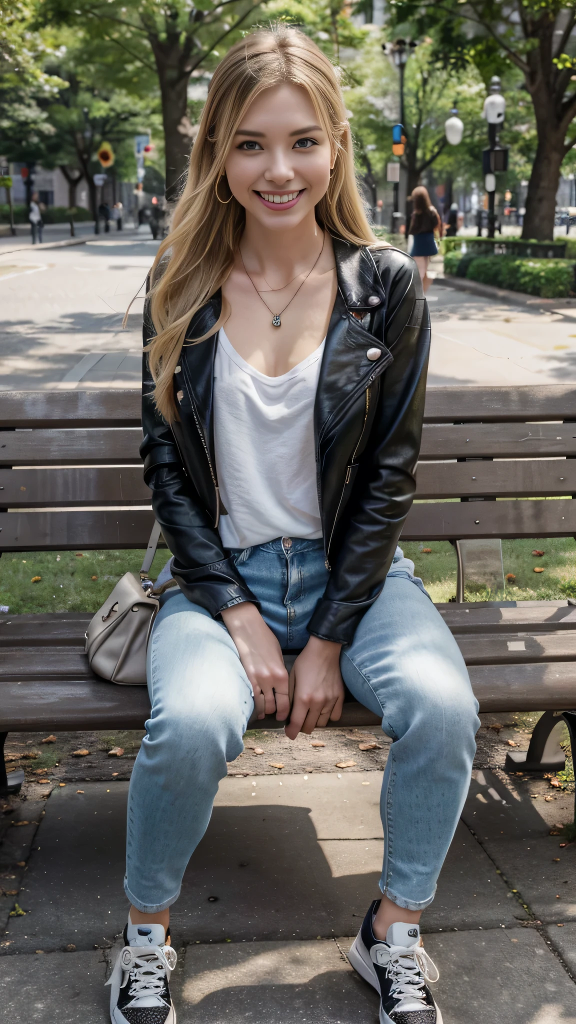 High resolution, 8k wallpaper, Beautiful Caucasian Woman、Full body photo、,Leather jacket 、sitting on a park bench、shirt、Skinny jeans、sneakers、、Necklace around the neck、 blonde 、ウェーブのかかった髪、ear piercing、smile、Beautiful teeth alignment、