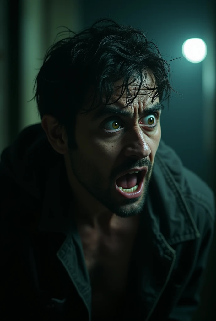 a scared man, detailed facial features, intense expression, tousled hair, disheveled clothing, dramatic lighting, cinematic composition, moody atmosphere, chiaroscuro lighting, dark shadows, sinister background, horror, dark fantasy, realistic, photorealistic, 4k, high quality, detailed description