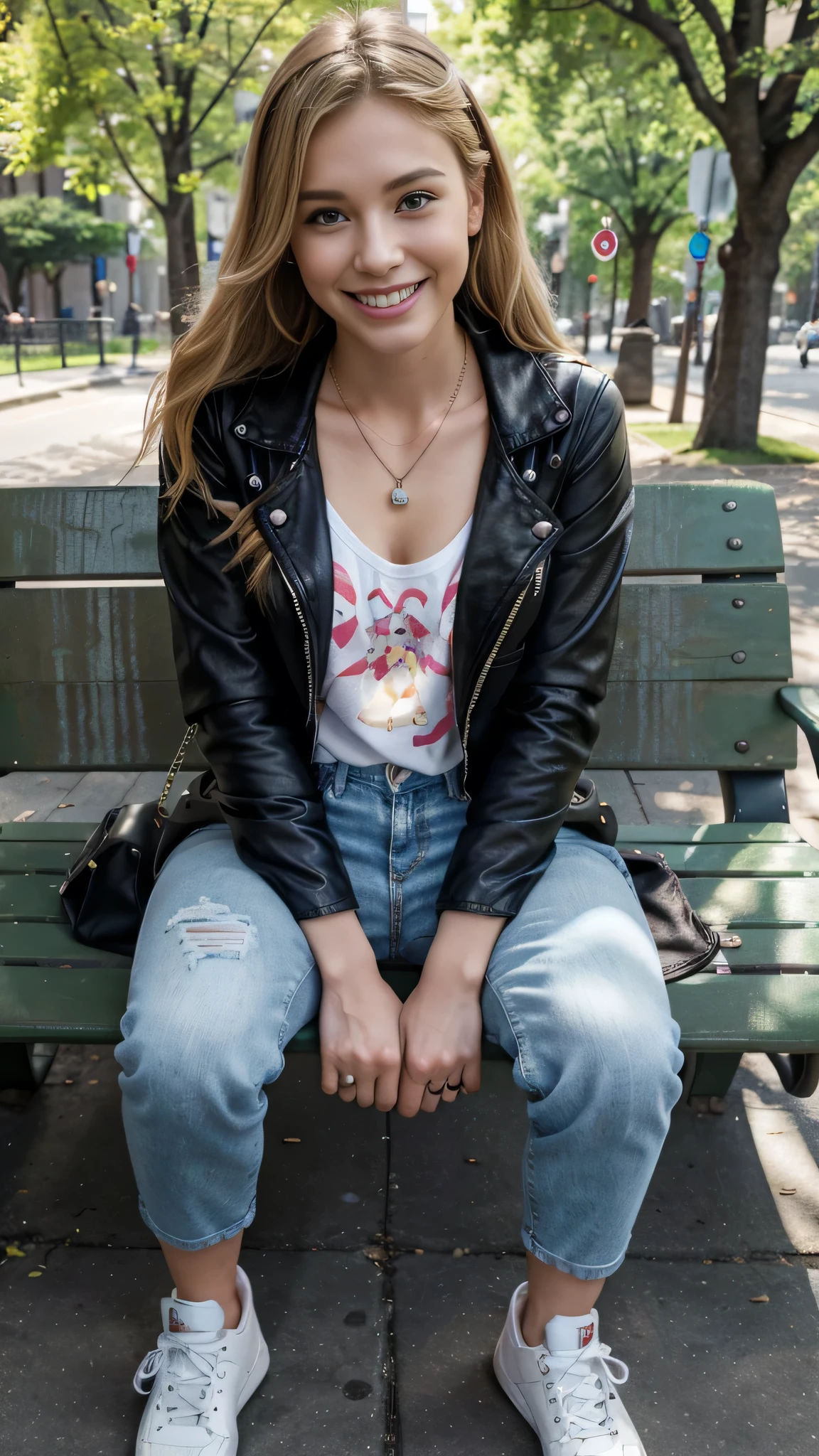 High resolution, 8k wallpaper, Beautiful Caucasian Woman、Full body photo、,Leather jacket 、sitting on a park bench、shirt、Skinny jeans、sneakers、、Necklace around the neck、 blonde 、ウェーブのかかった髪、ear piercing、smile、Beautiful teeth alignment、